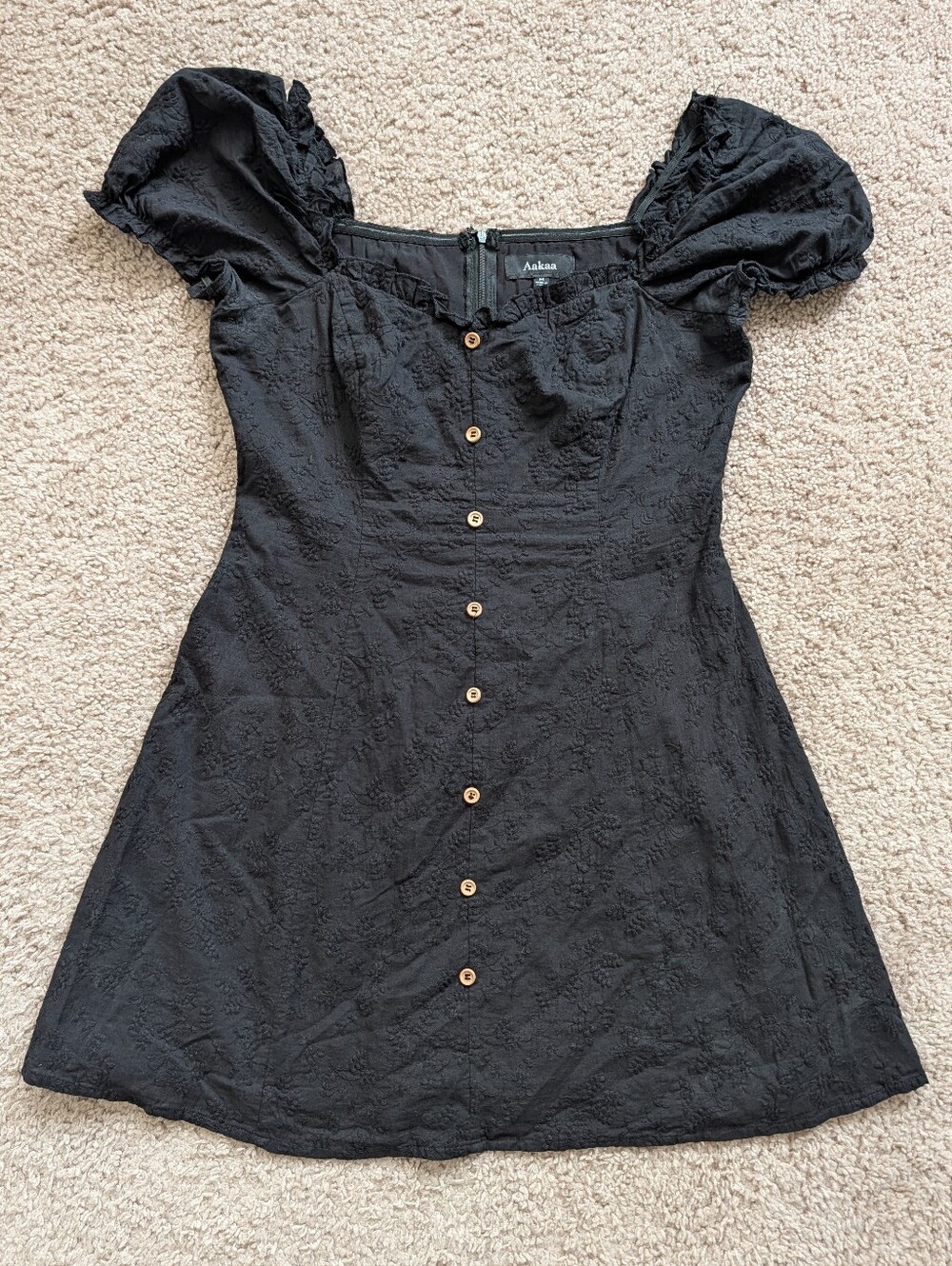 Aakaa Black Babydoll Cottagecore Puff Sleeve Button Front Mini Dress Size Medium